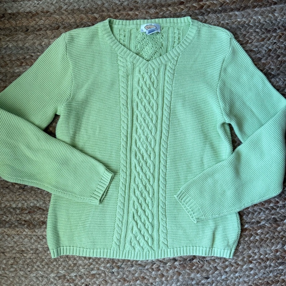 Vintage Talbots Medium Light Green 100% Cotton V Neck Cable Knit Sweater